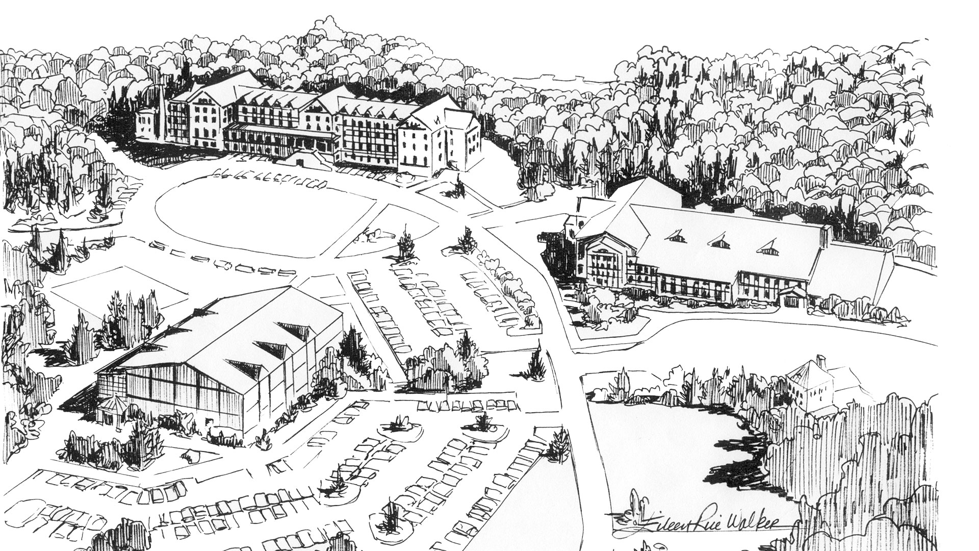 Black and white rendering of bird's eye view of campus